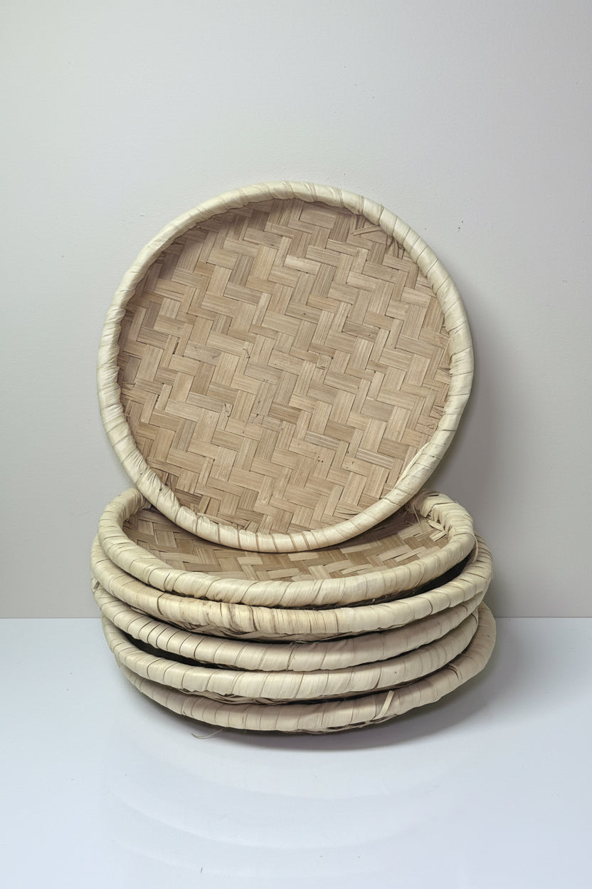 Traditional Haitian Laye Tray with Wooden Stand, Small Size, Natural Woven Bamboo