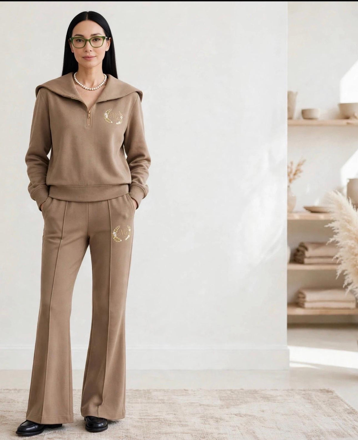 Quarter zip wide legged suit