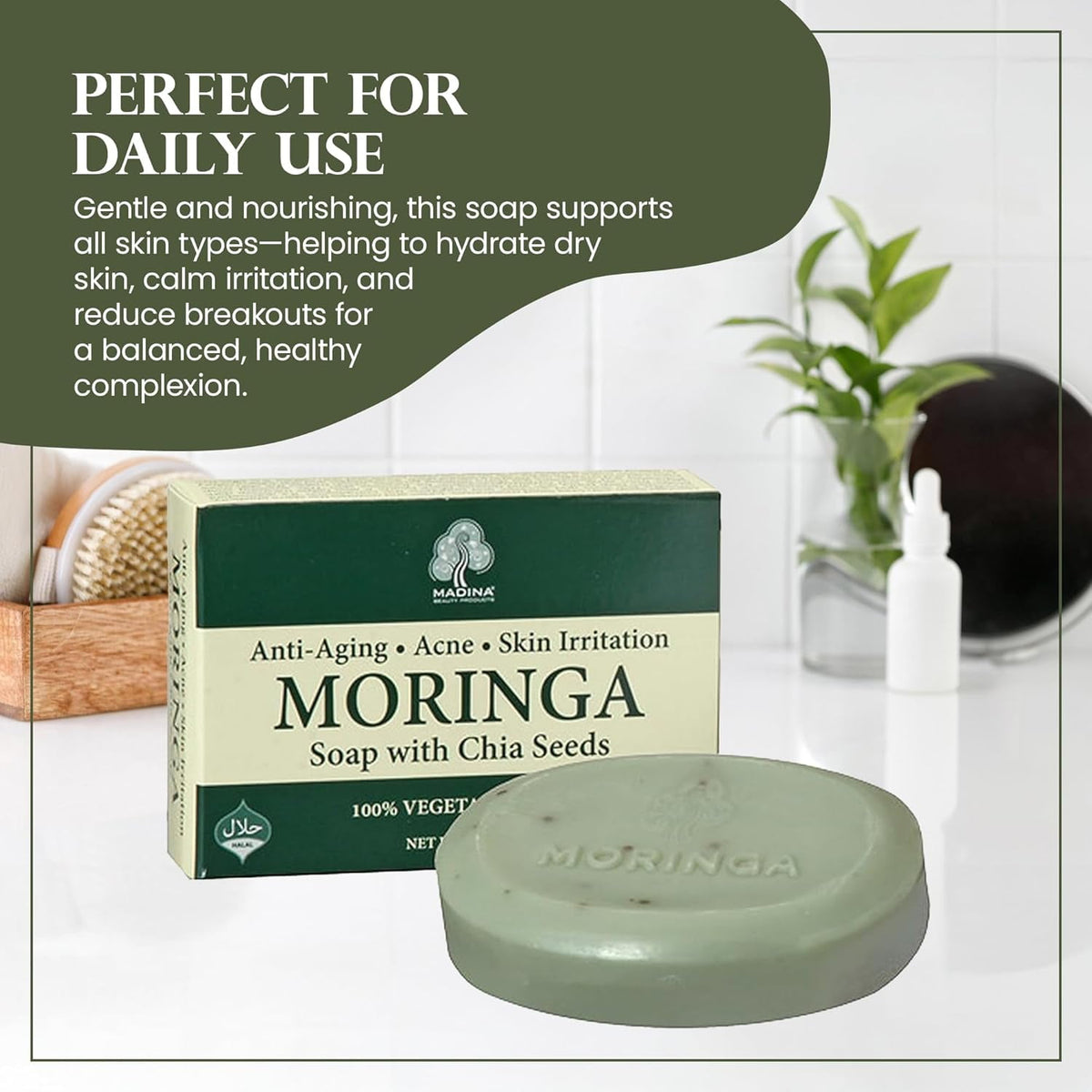Madina Moringa Soap Bar with Chia Seeds, Moisturizing, Antioxidant, Gentle Cleanser for Face & Body, Anti-Aging, Vegetable-Based, 6 Pack (3.5 oz Each)
