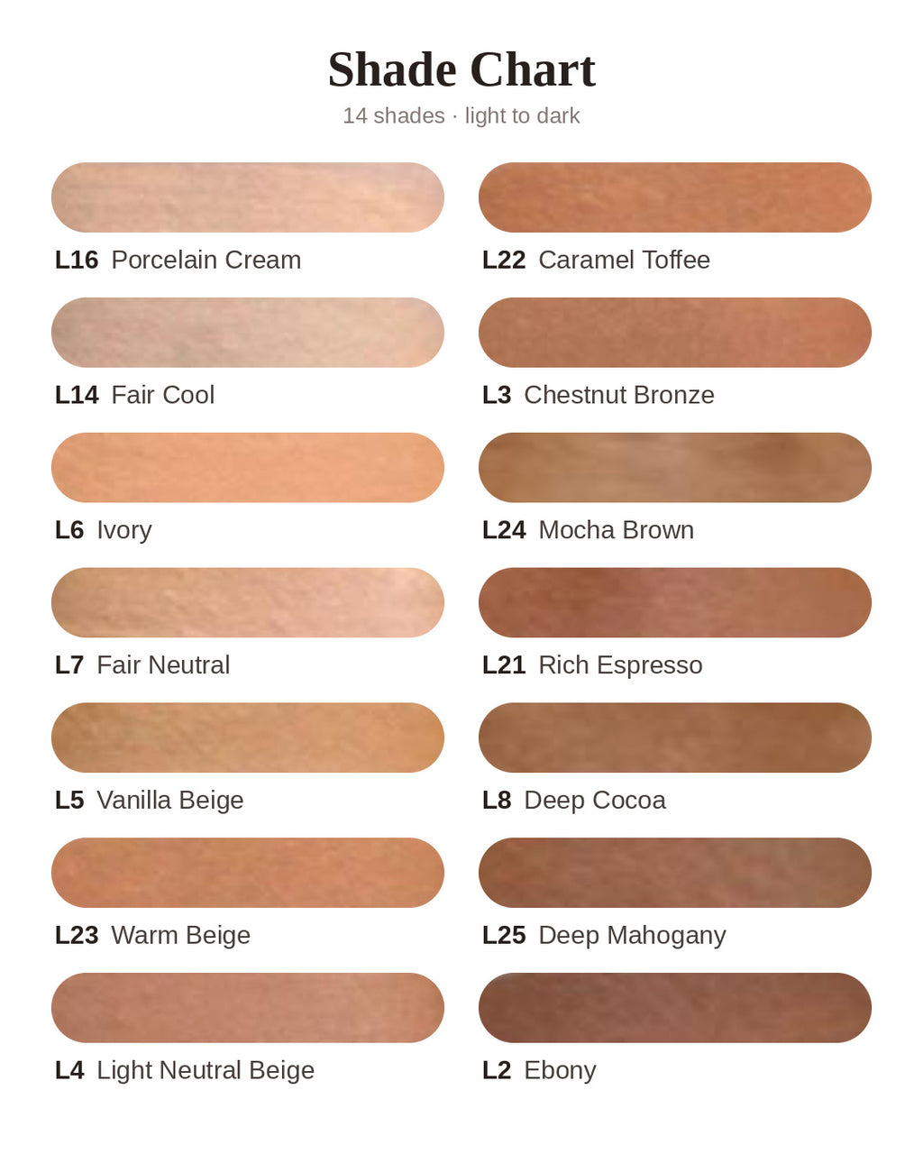 NG foundation shade chart: 14 shades from light to deep