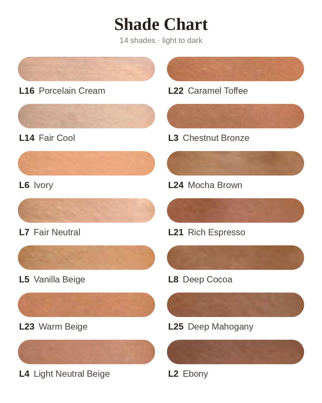 NG foundation shade chart: 14 shades from light to deep