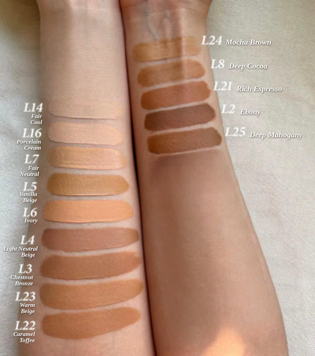 NG foundation 14 shades swatched on the arm