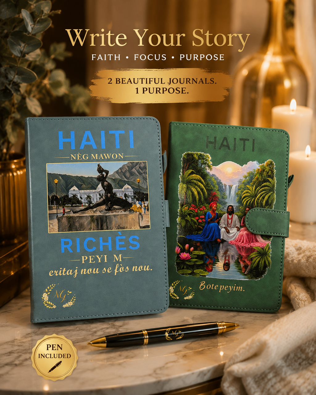 Vintage Beautiful journals with designs show casing beautiful Haiti culture with vibrant designs, pen included